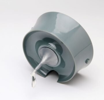 side view of grey vortexer lid with silver-plated propeller